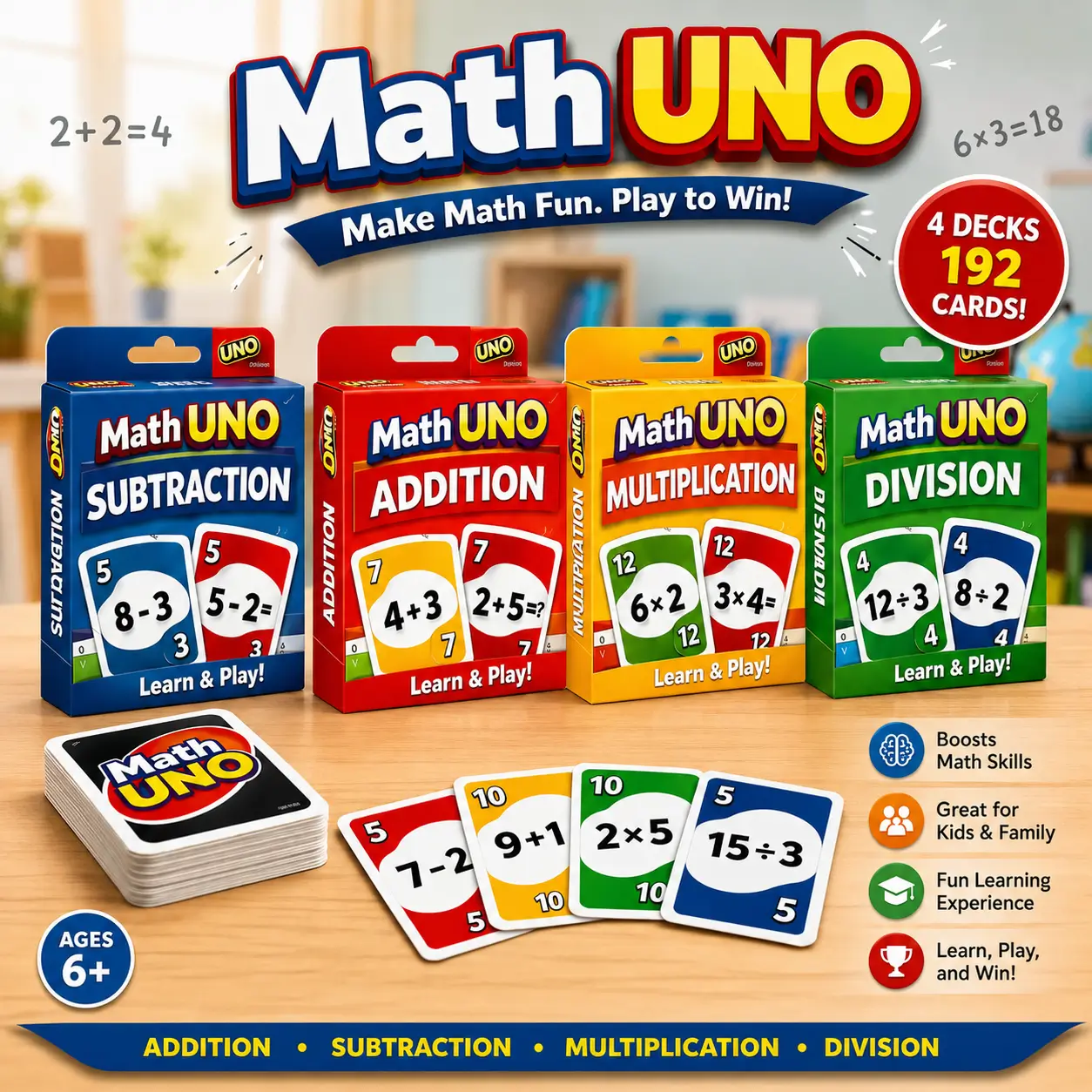Math Uno complete bundle with four math decks