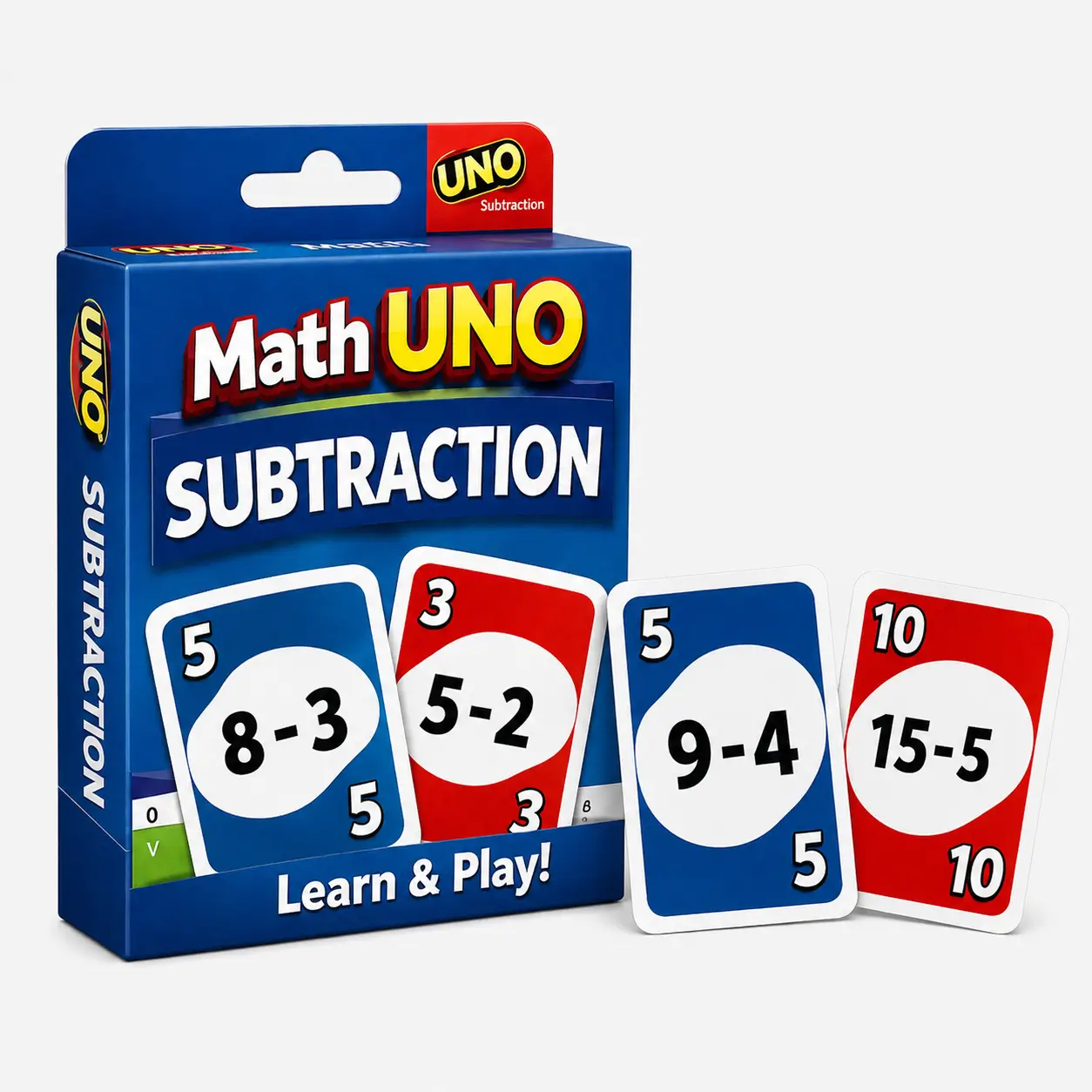Math Uno Subtraction deck box with equation cards